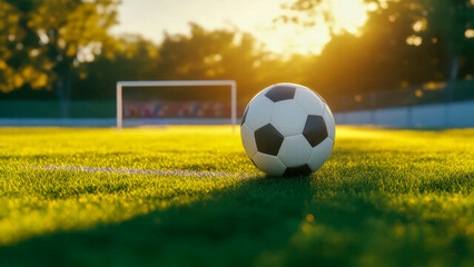 A football lies on a green lawn, illuminated by the golden rays of the sun. In the distance, you can see the gates, creating a sporty atmosphere.