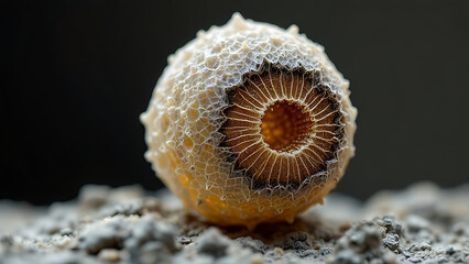 Ancient fossils with an intricate design symbolizing life against a blurred dark backdrop.