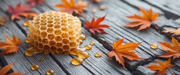 Honeycomb and autumn leaves on rustic wooden surface with ample space for customization and design applications.