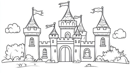 Obraz premium Fairytale castle drawing, landscape background, children's book illustration