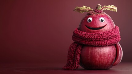 Smiling beet with a scarf on a burgundy background promoting happiness and equality