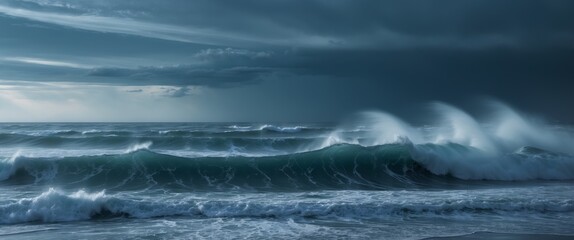 Turbulent Dark Blue Ocean Waves Under a Stormy Sky
