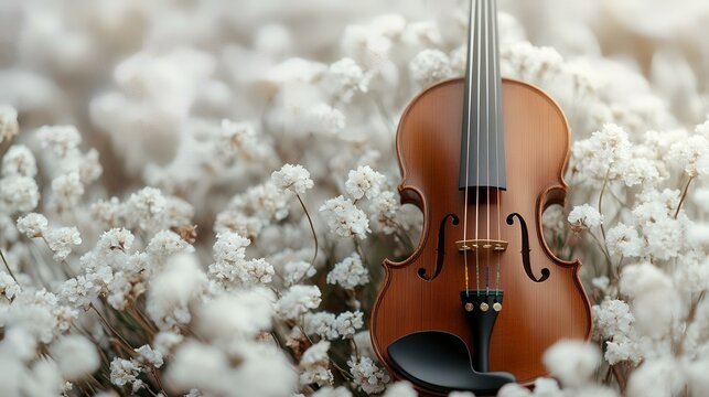 Violin rests in field of white flowers; peaceful nature scene; musical instrument in serene setting; ideal for music, nature, or relaxation themes
