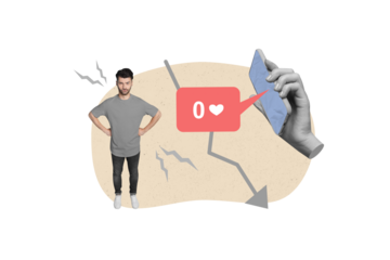 Collage photo of young angry dissatisfied blogger man student hands waist hold phone no likes without popularity isolated on beige color background