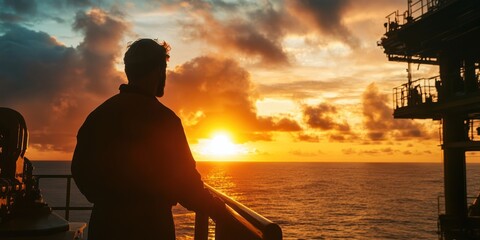 An oil rig worker watching the sunrise over the ocean, reflecting on the challenges and beauty of offshore life