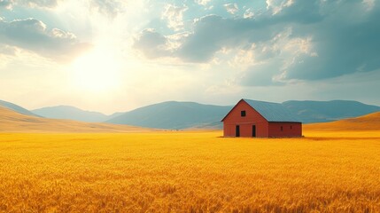Serene golden wheat field at sunset with a solitary red barn against a backdrop of rolling hills