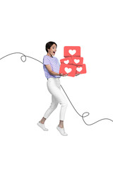 Collage 3d image of pinup pop retro sketch of excited young woman go hold carry heart icon social...
