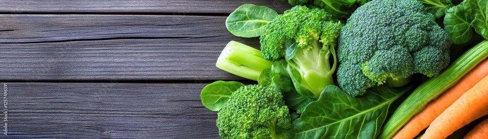 Poster Fresh assorted vegetables displayed on a rustic wooden background for culinary and health concepts