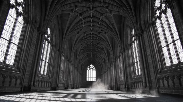 Slow Motion Shot of a Dark Gothic Hall with Sunlight Entering Through the Windows &ndash; Mysterious Atmospheric Lighting, Grand Medieval Architecture, Haunting Shadows, Historic Castle Interior, Dramatic