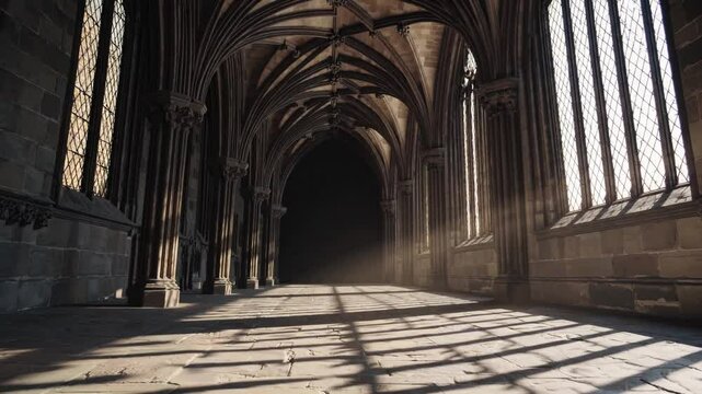 Slow Motion Shot of a Dark Gothic Hall with Sunlight Entering Through the Windows &ndash; Mysterious Atmospheric Lighting, Grand Medieval Architecture, Haunting Shadows, Historic Castle Interior, Dramatic