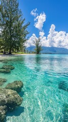 Obraz premium Serene tropical beach with clear turquoise water, rocky shoreline, and lush trees under a bright sky