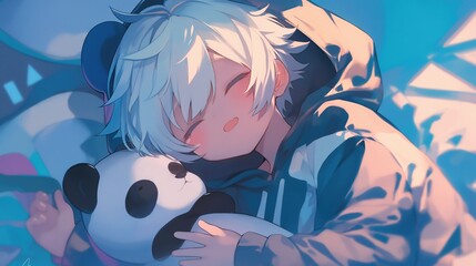 A white-haired boy hugging a panda, wearing a hoodie, snuggling with anime characters in bed