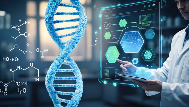 A futuristic scientific theme with a DNA double helix molecular structure and a scientist in a white lab coat is holding a tablet, interacting with a holographic interface