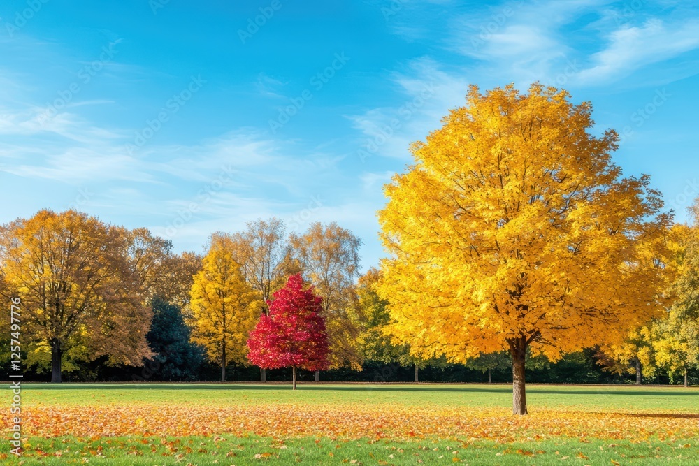 Poster colorful autumn trees in a serene park setting with fallen leaves on the ground