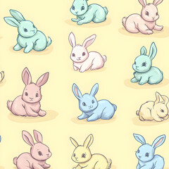 Obraz premium Easter Bunnies Pattern: A vibrant arrangement of adorable pastel-colored bunnies. creating a delightful seamless pattern for festive designs.