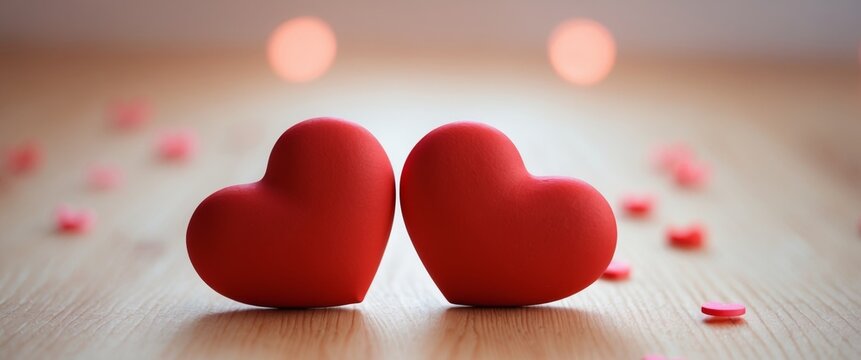 Two Red Hearts on Light Wooden Surface for Valentine's Day Decoration or Sale Promotions
