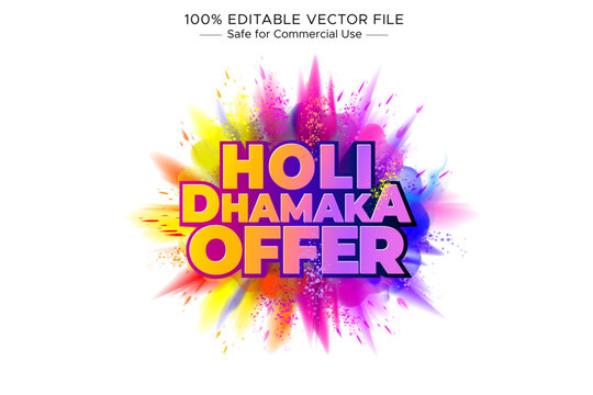 Holi. Colour festival of India. Holi dhamaka offer, sale promotion banner, poster, logo typography design.