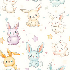 Fototapeta premium Whimsical Bunny Wonderland: A delightful collection of adorable, pastel-colored bunnies frolic amidst a scattering of soft stars, creating a seamless pattern of joy.
