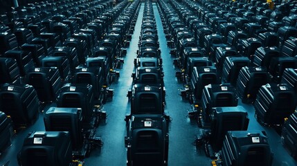 Endless Rows of Dark Blue Vehicles in a Warehouse