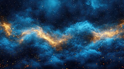 Stunning cosmic landscape featuring swirling blue and golden clouds amidst a starry backdrop