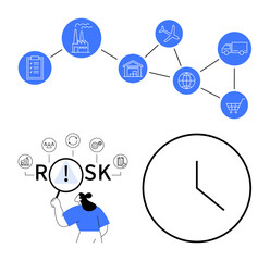 Supply chain flow with factory, transport, and shopping icons. Risk assessment visualization with magnifying glass. Clock symbolizing time management. Ideal for logistics, business strategy