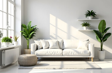 White living room interior. Large white sofa, wicker ottomans, lots of potted plants on shelves and floor.