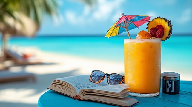 Glass of orange juice with a colorful umbrella on top and a book next to it
