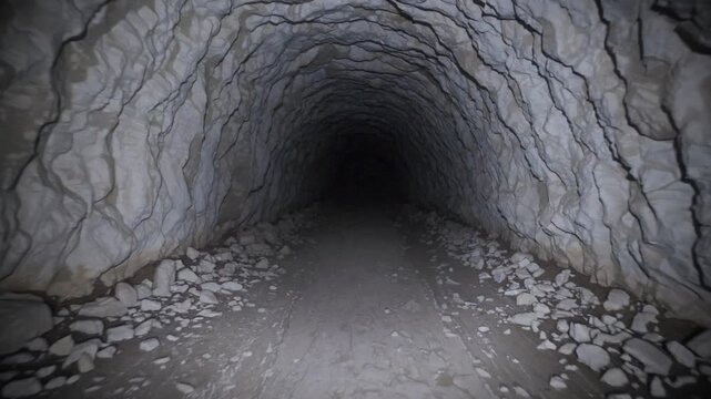Slow Motion Shot of a Deserted Limestone Mine Tunnel &ndash; Mysterious Underground Passage, Rugged Rock Walls, Industrial Abandoned Site, Eerie Subterranean Atmosphere, Historic Mining Ruins, Dark