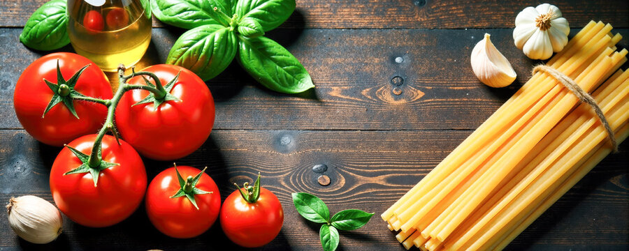 Fresh ingredients prepare for a flavorful Italian pasta dish with tomatoes and garlic