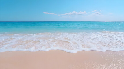 Fototapeta premium Tropical beach, gentle waves, clear sky, summer vacation