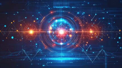 Abstract background with glowing science-related symbols, energy pulses, and digital data grids