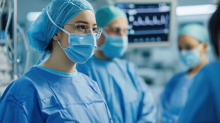 Surgical team in blue scrubs and masks during medical procedure