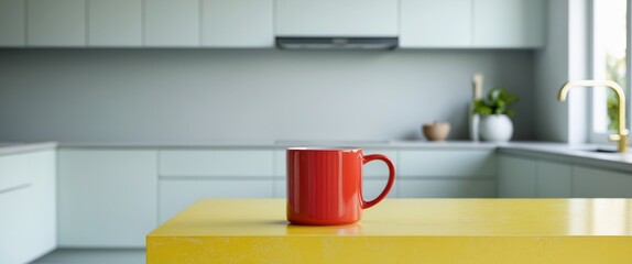 Vibrant Red Mug on Bright Yellow Counter in Modern Kitchen Interior Design Setting.
