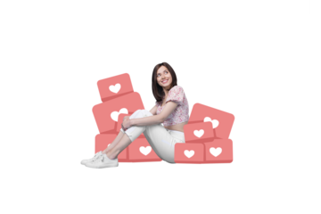 Photo sketch collage graphics artwork picture of charming dreamy lady sitting hearts stack isolated drawing background