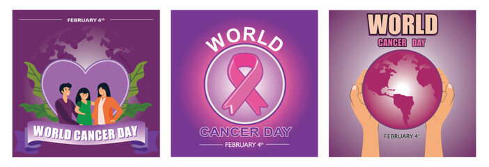 Celebrating World Cancer Day. Pink ribbon for all cancer. Globe and February 4th Date.