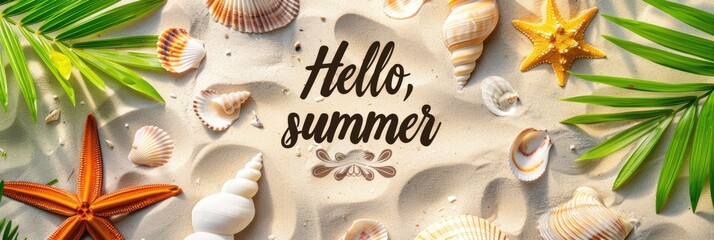 Tropical palm leaves, seashells and starfish with the inscription "Hello summer" on a sandy background create a vibrant summer theme.
