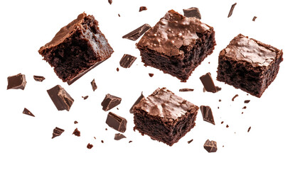 Pieces of Chocolate Brownies Floating or Falling in Mid-Air Isolated on White