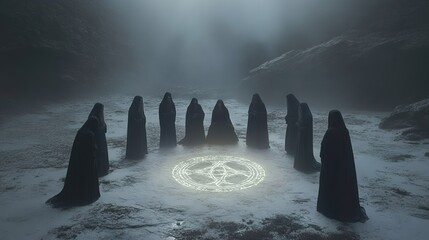 Hooded figures performing mysterious ritual around glowing ancient symbol, shrouded in mist and shadows, evoking occult and mystical atmosphere.