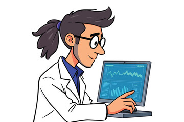 Illustration of a scientist in a lab coat, analyzing data on a computer screen, with a white background 13