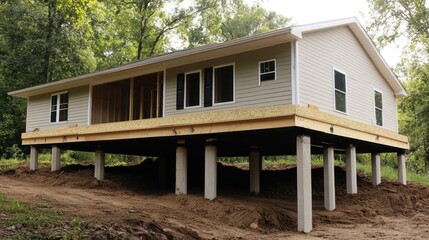 Ranch-style house under construction on piers.