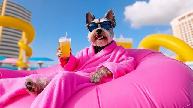 Dog is sitting on a pink inflatable pool with sunglasses on