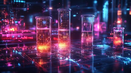 Fototapeta premium Abstract background with glowing laboratory equipment, test tubes, and digital energy streams