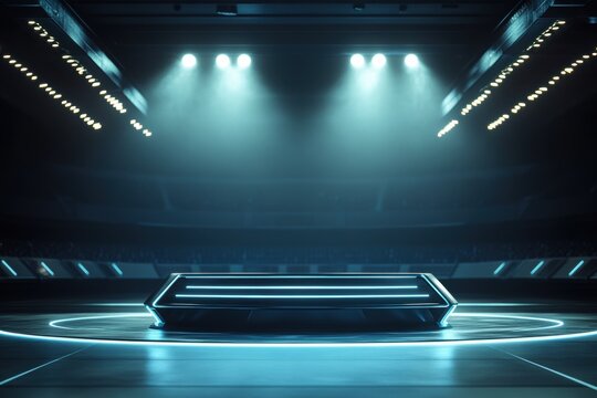 Dramatic stage setup illuminated by bright lights in an empty arena