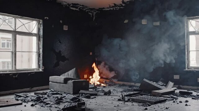 Slow Motion Shot of an Indoor View of a House with Fire Damage After the Fire Ends &ndash; Charred Walls and Burnt Furniture, Smoke Residue, Destruction Aftermath, Devastating Disaster Scene, Ruined Home