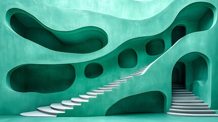 Abstract architecture with fluid shapes and green walls featuring unique staircase designs and cutouts.