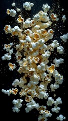 Fototapeta premium Falling popcorn creates a playful cascade against a dark background showcasing texture and motion in high-resolution clarity