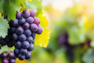 Naklejka premium Bunch of green grapes hanging from a vine in a vineyard under natural sunlight