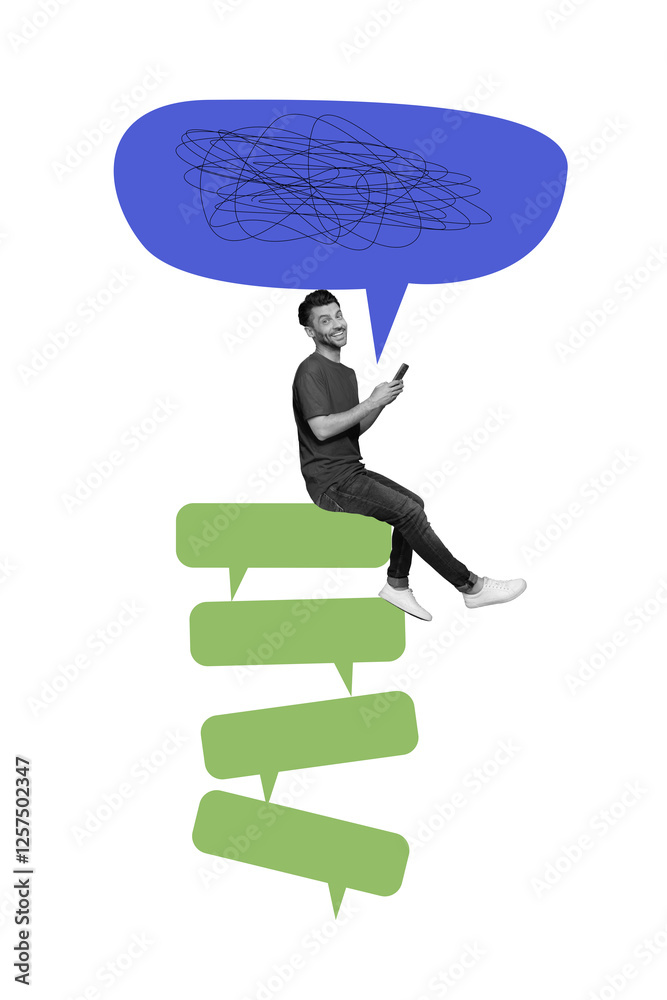 Poster Vertical composite collage picture image of mini guy use phone pile stack dialogue bubble isolated on creative background