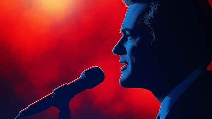 Politician Delivering Speech with Dramatic Red and Blue Lighting  