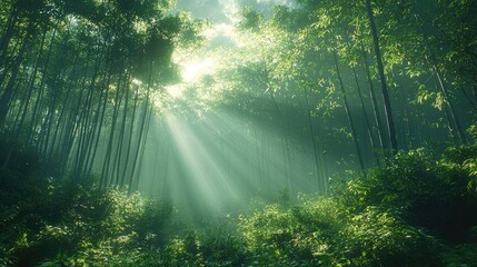 Fototapeta premium Serene bamboo forest with sunlight streaming through lush greenery, creating a tranquil atmosphere